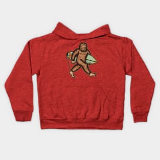 Sasquatch Bigfoot Walking in the Beach with a Surfboard | Summer Vibes Kids Hoodie